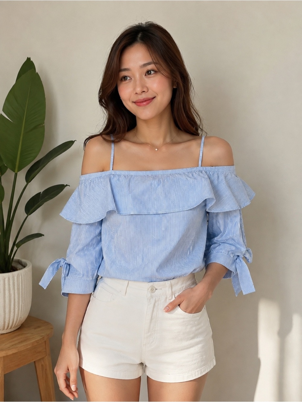 Topshop Light Blue Striped Off-Shoulder Ruffle Blouse 100% cotton